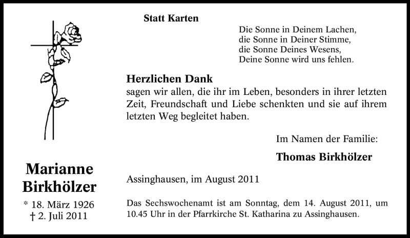  Traueranzeige für Marianne Birkhölzer vom 09.08.2011 aus Tageszeitung