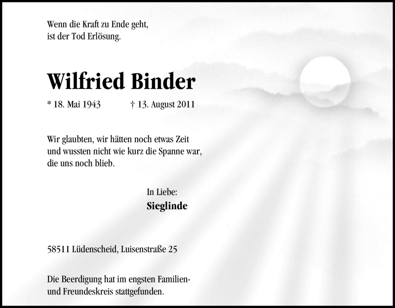  Traueranzeige für Wilfried Binder vom 20.08.2011 aus Tageszeitung