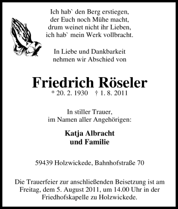Traueranzeige von Friedrich Röseler von Tageszeitung