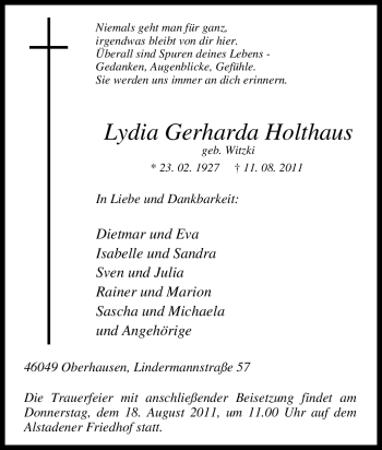 Traueranzeige von Lydia Gerharda Holthaus von Tageszeitung