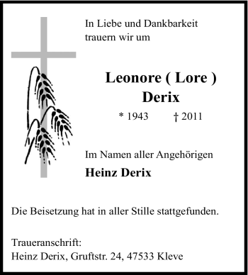 Traueranzeige von Leonore Derix von Tageszeitung