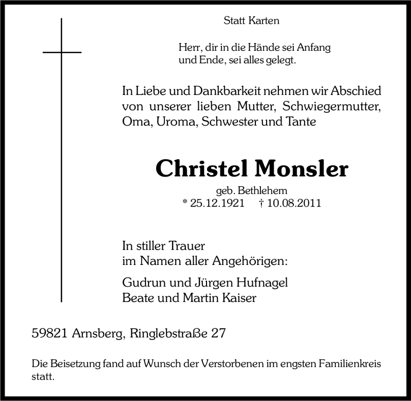  Traueranzeige für Christel Monsler vom 15.08.2011 aus Tageszeitung