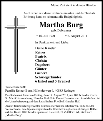 Traueranzeige von Martha Burg von Tageszeitung