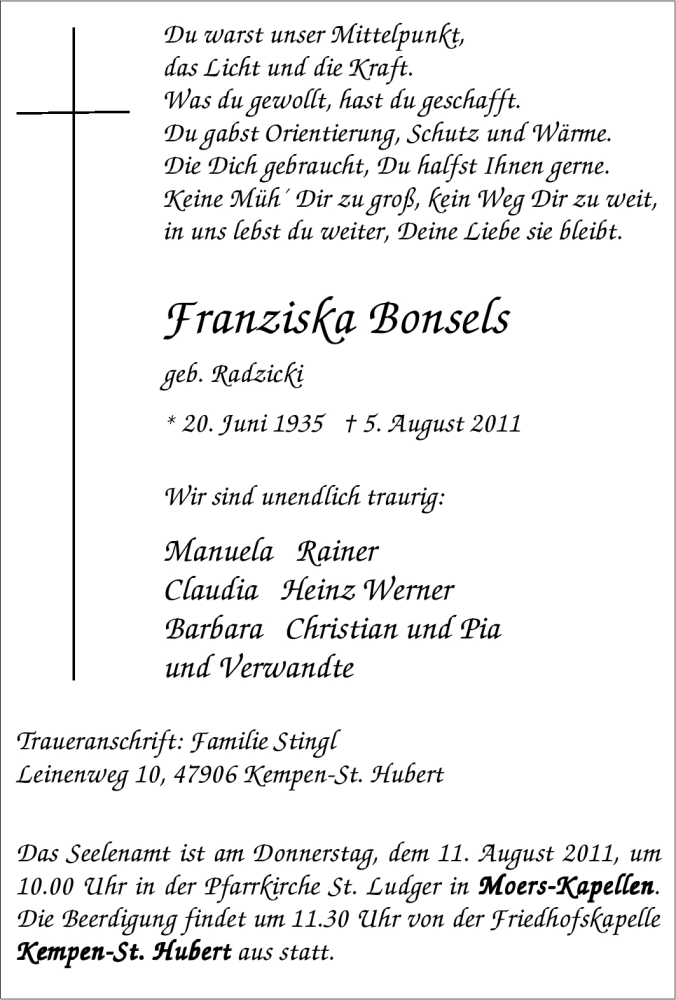  Traueranzeige für Franziska Bonsels vom 09.08.2011 aus Tageszeitung