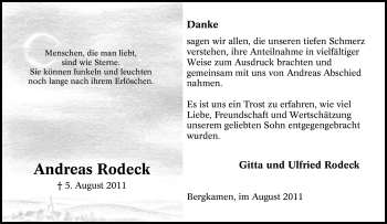 Traueranzeige von Andreas Rodeck von Tageszeitung
