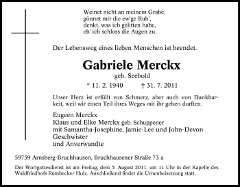 Traueranzeige von Gabriele Merckx von Tageszeitung