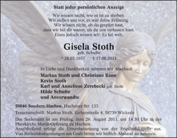 Traueranzeige von Gisela Stoth von Tageszeitung