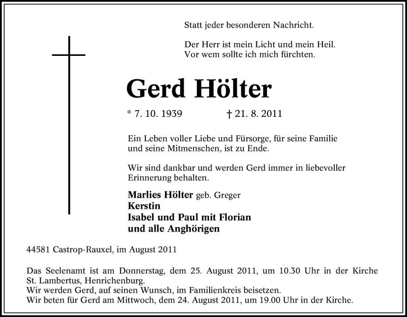 Traueranzeige für Gerd Hölter vom 23.08.2011 aus Tageszeitung