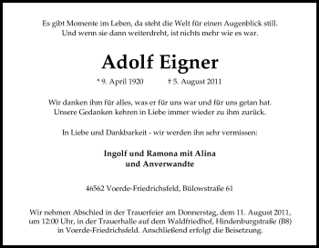 Traueranzeige von Adolf Eigner von Tageszeitung