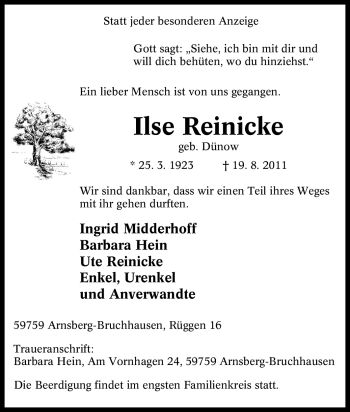 Traueranzeige von Ilse Reinicke von Tageszeitung
