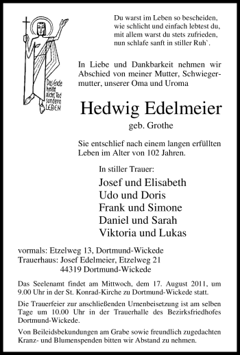Traueranzeige von Hedwig Edelmeier von Tageszeitung