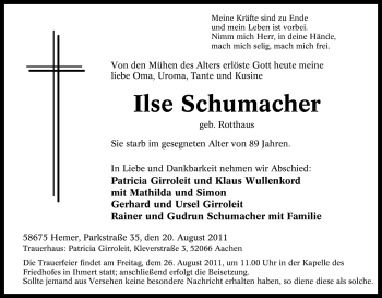 Traueranzeige von Ilse Schumacher von Tageszeitung