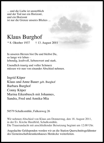 Traueranzeige von KLaus Burghof von Tageszeitung