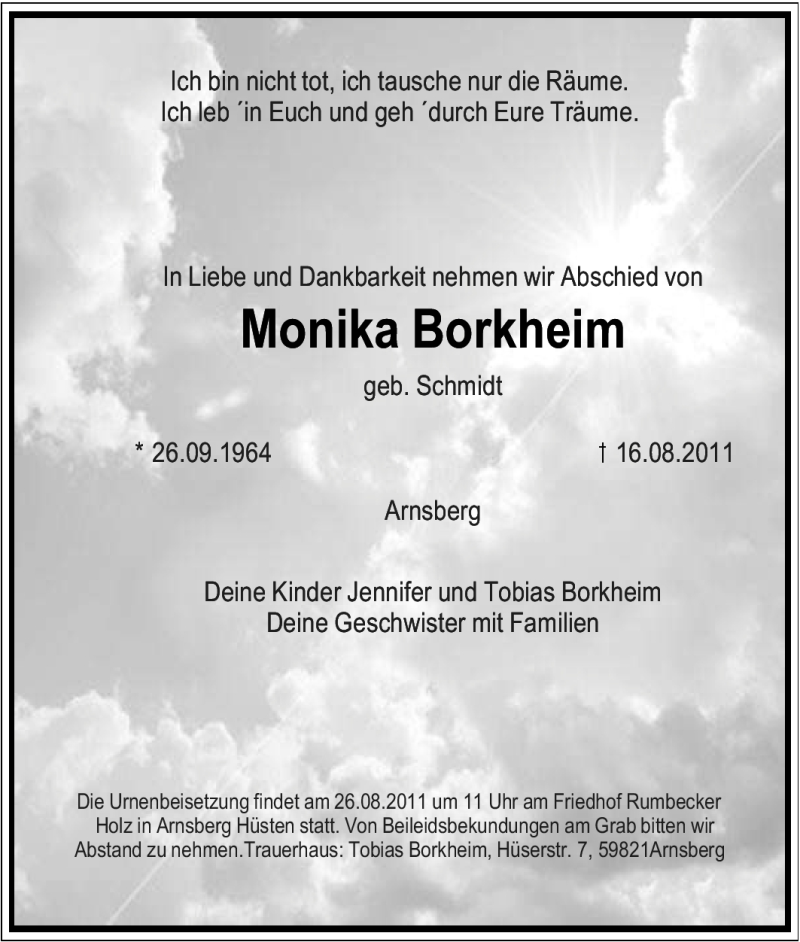  Traueranzeige für Monika Borkheim vom 23.08.2011 aus Tageszeitung
