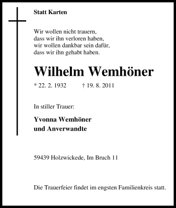 Traueranzeige von Wilhelm Wemhöner von Tageszeitung
