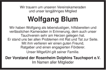 Traueranzeige von Wolfgang Blum von Tageszeitung