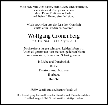 Traueranzeige von Wolfgang Cronenberg von Tageszeitung