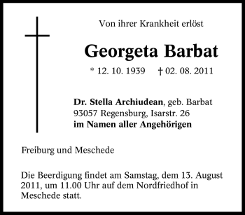 Traueranzeige von Georgeta Barbat von Tageszeitung
