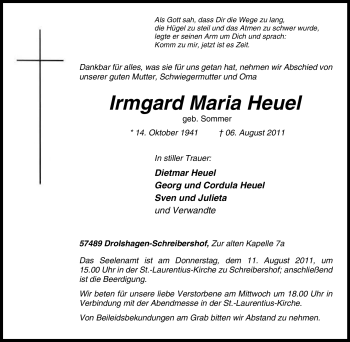 Traueranzeige von Irmgard Maria Heuel von Tageszeitung