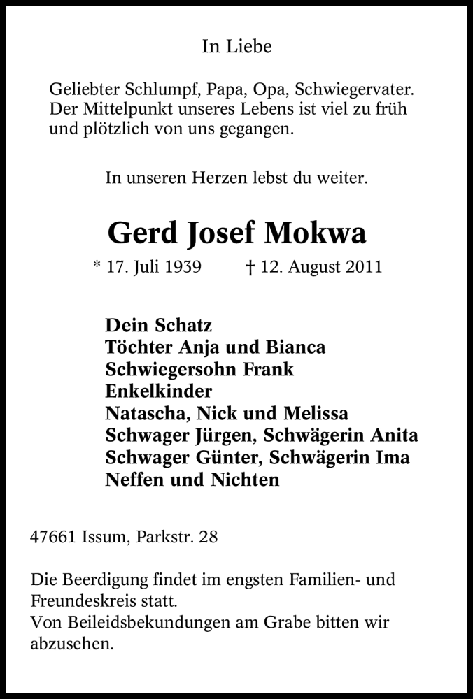  Traueranzeige für Gerd Josef Mokwa vom 13.08.2011 aus Tageszeitung