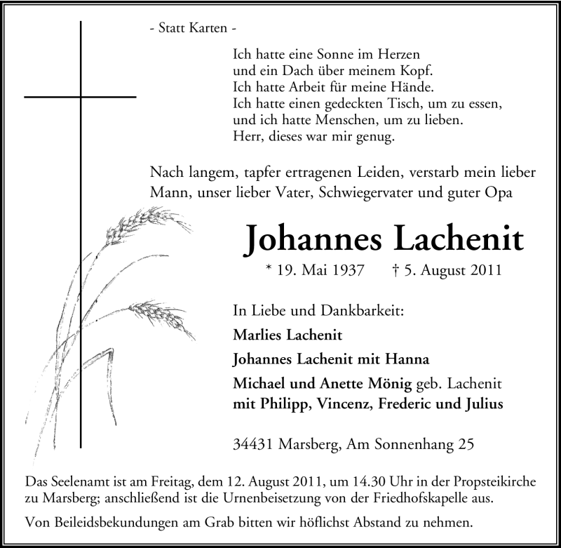  Traueranzeige für Johannes Lachenit vom 06.08.2011 aus Tageszeitung