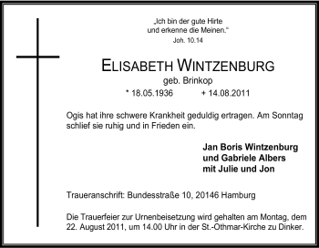 Traueranzeige von Elisabeth Wintzenburg von Tageszeitung