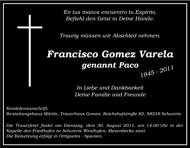  Traueranzeige für Francisco Gomez Varela vom 29.08.2011 aus Tageszeitung