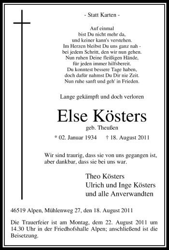 Traueranzeige von Else Kösters von Tageszeitung
