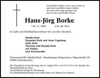 Traueranzeige von Hans-Jörg Borke von Tageszeitung