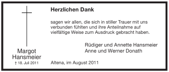 Traueranzeige von Margot Hansmeier von Tageszeitung