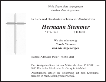 Traueranzeige von Hermann Stemmer von Tageszeitung