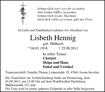 Traueranzeige von Lisbeth Hennig von Tageszeitung