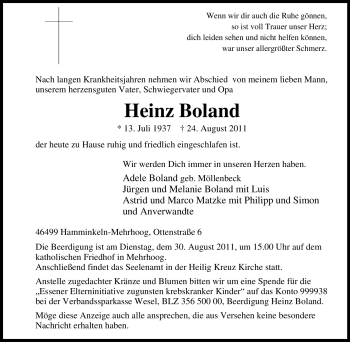 Traueranzeige von Heinz Boland von Tageszeitung