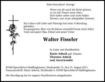 Traueranzeige von Walter Fisseler von Tageszeitung