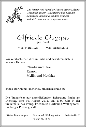 Traueranzeige von Elfriede Osygus von Tageszeitung