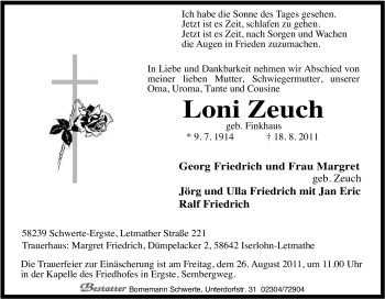Traueranzeige von Loni Zeuch von Tageszeitung