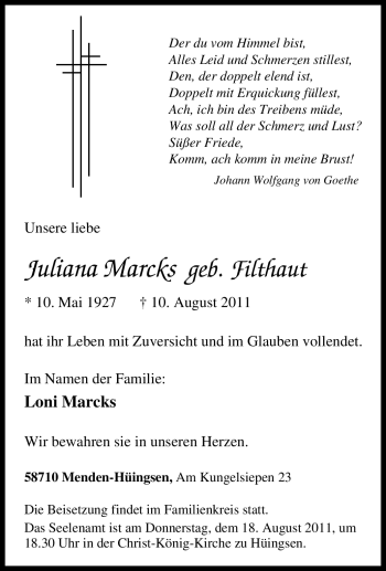 Traueranzeige von Juliana Marcks von Tageszeitung