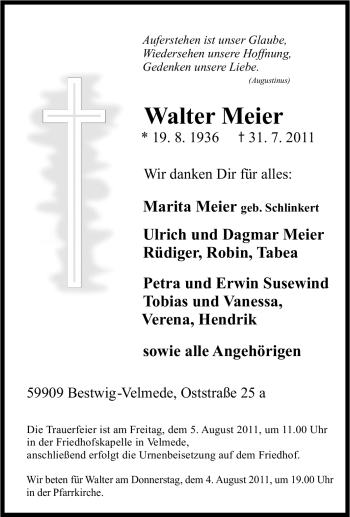 Traueranzeige von Walter Meier von Tageszeitung