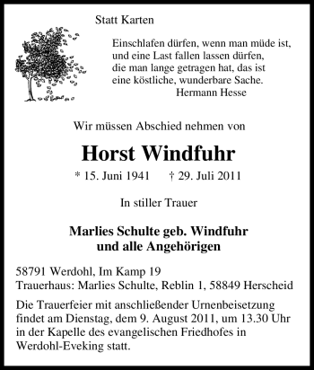Traueranzeige von Horst Windfuhr von Tageszeitung