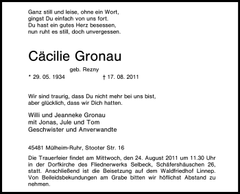 Traueranzeige von Cäcilie Gronau von Tageszeitung