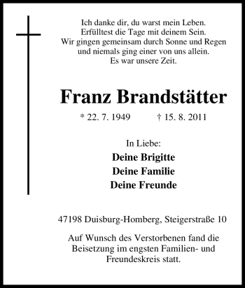 Traueranzeige von Franz Brandstätter von Tageszeitung