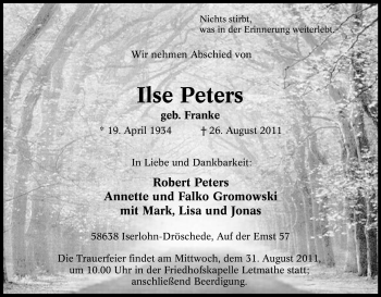 Traueranzeige von Ilse Peters von Tageszeitung