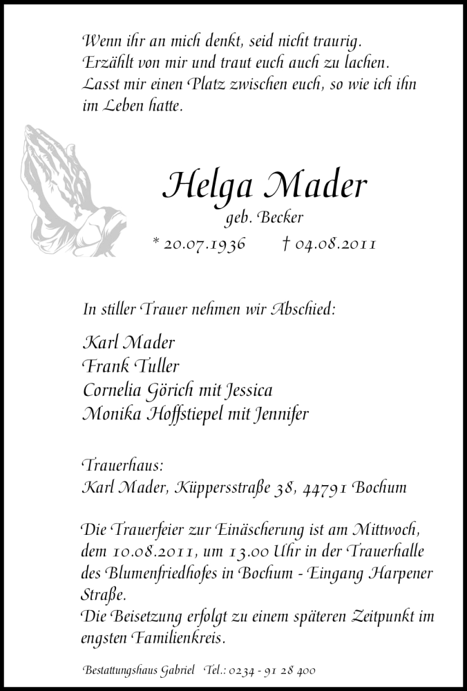  Traueranzeige für Helga Mader vom 06.08.2011 aus Tageszeitung