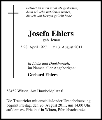 Traueranzeige von Josefa Ehlers von Tageszeitung