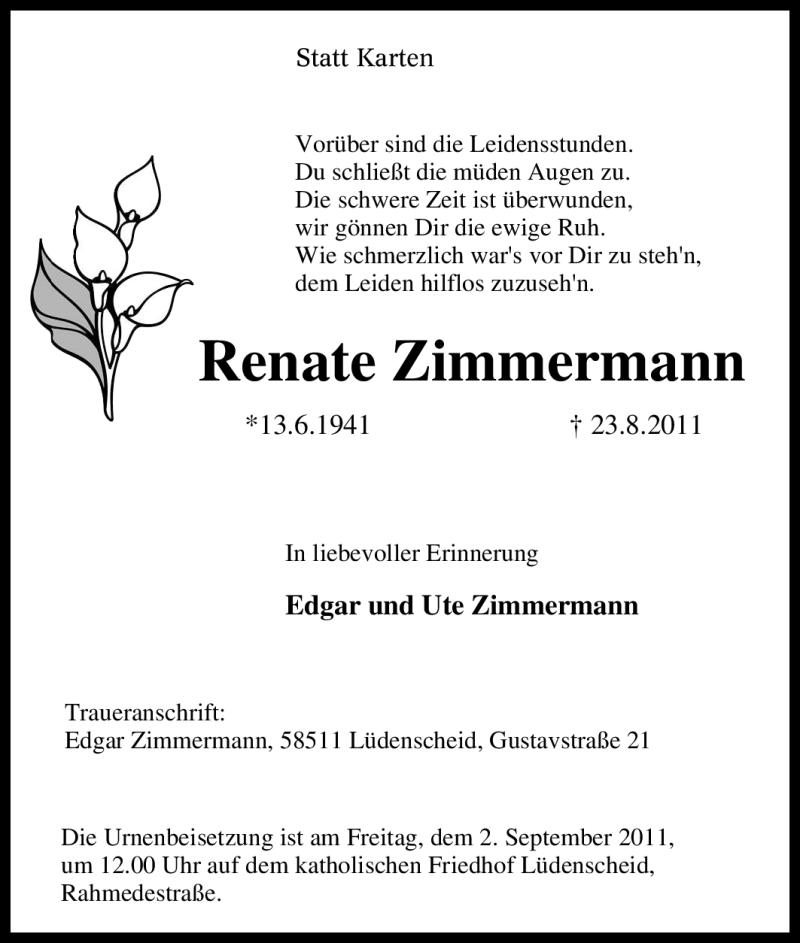  Traueranzeige für Renate Zimmermann vom 27.08.2011 aus Tageszeitung