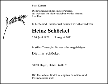 Traueranzeige von Heinz Schöckel von Tageszeitung