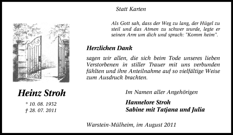  Traueranzeige für Heinz Stroh vom 20.08.2011 aus Tageszeitung