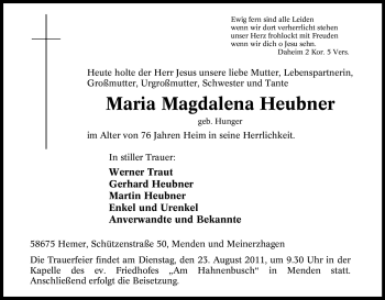 Traueranzeige von Maria Magdalena Heubner von Tageszeitung