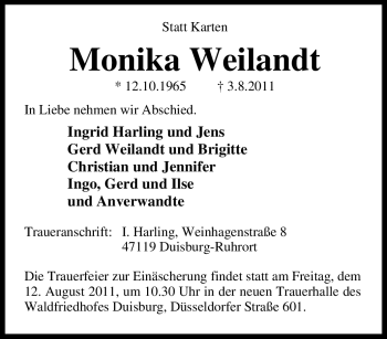 Traueranzeige von Monika Weilandt von Tageszeitung