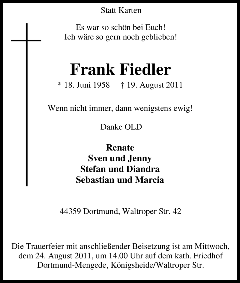  Traueranzeige für Frank Fiedler vom 22.08.2011 aus Tageszeitung